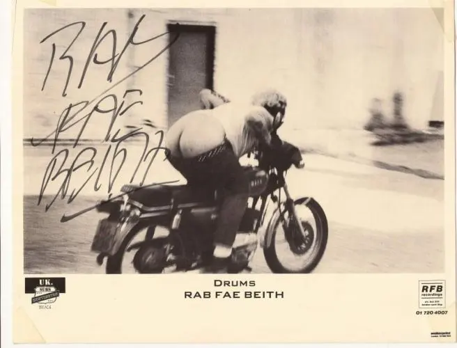 This is the real Rab Fae Beith we'll remember, as shown on his own record label RFB promo calling card where he released The Wall, UK Subs, Discharge and Broken Bones and drummed and managed Three Minute Warning/Four Minds Crack early on, managed The Pack with Kirk Brandon and managed Broken Bones to name only a few. RIP