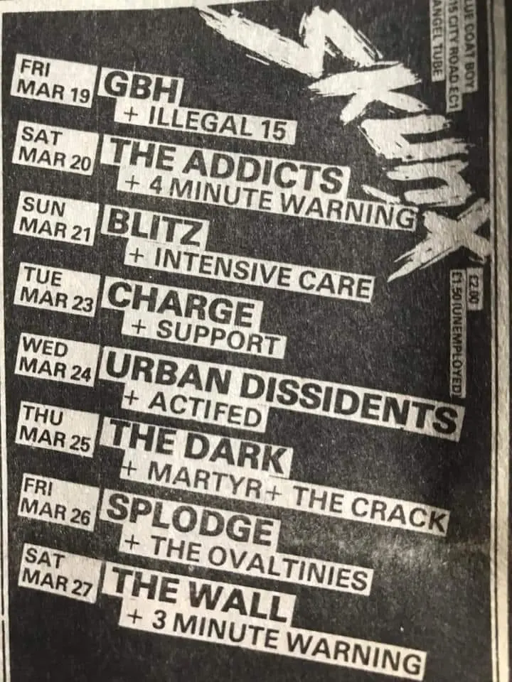Skunx - Line up Three Minute Warning & The Wall, 27 March 1982. Notice a band called 4 Minute Warning were on the bill on March 20, which led to our name change to Four Minds Crack, taken from an Alternative TV song.